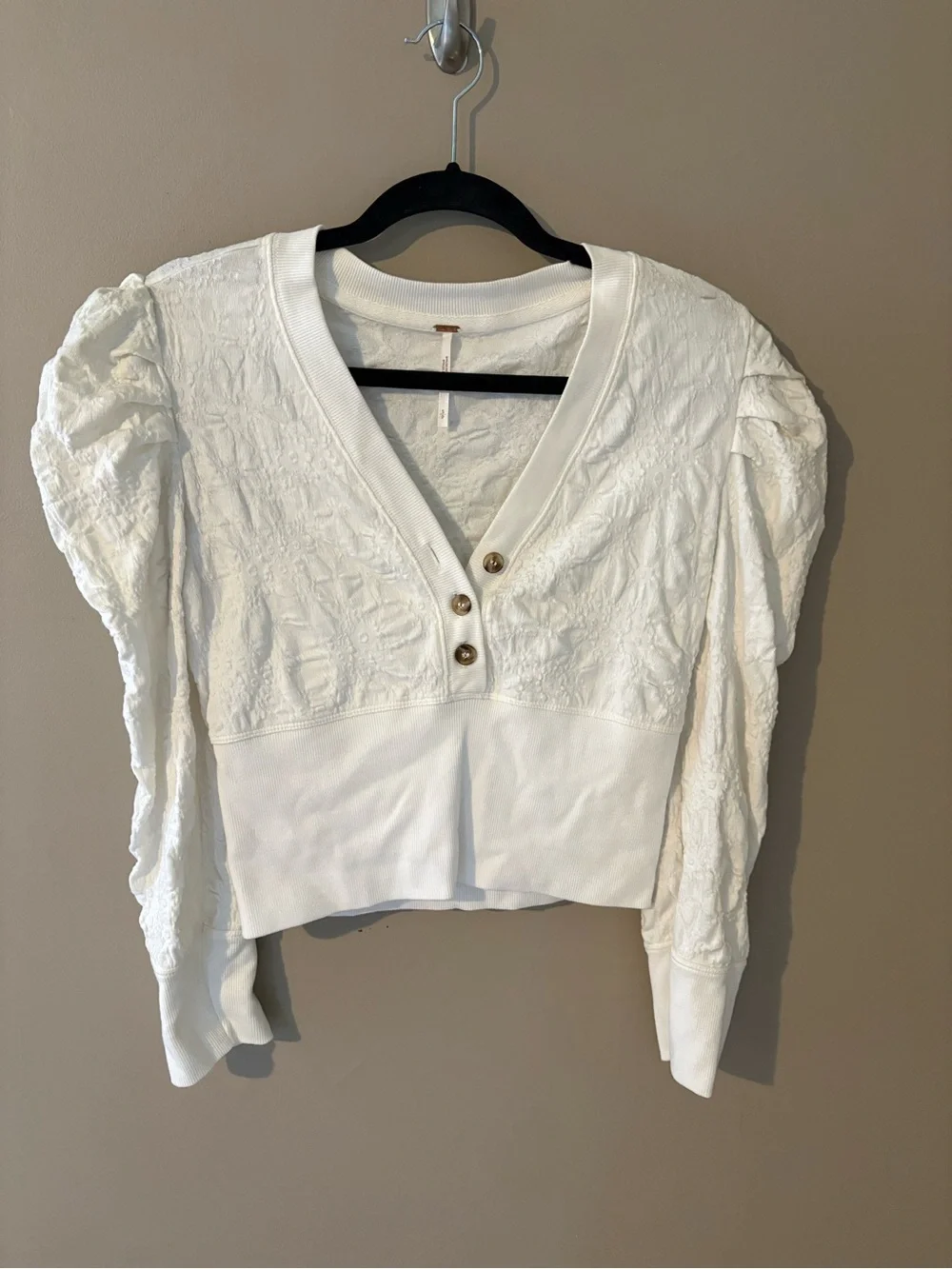 Free People Women’s Gemma Henley Top Blouse White Puff Sleeve Small